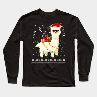 Christmas Llama Santa Hat Ugly Xmas Tree Alpaca Long Sleeve T-Shirt